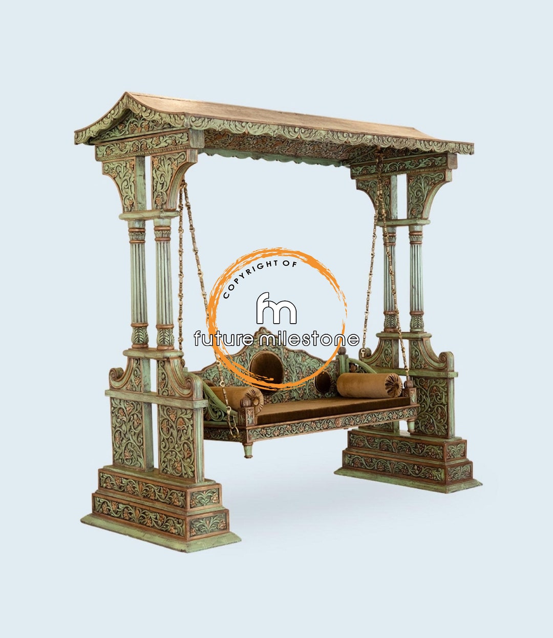 Handcrafted Teak Wood Canopy Swing, Indian Carved Jhoola, Antique Brass ...