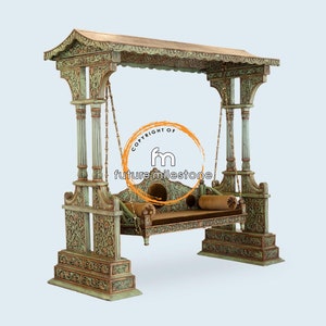 Canopy Swing, Solid Teak Wood Handcrafted Indian Traditional Swing/Jhoola and Antique brass links, Bed Wooden Swing, Garden Porch Swing