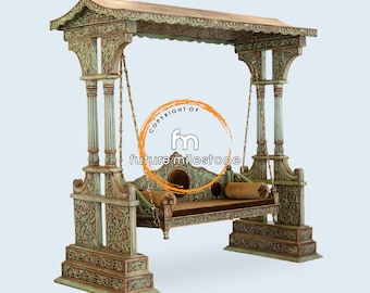 Handcrafted Teak Wood Canopy Swing, Indian Carved Jhoola, Antique Brass