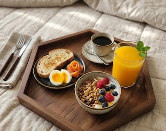 Farmhouse Hexagonal Wooden Ottoman Tray, Special Walnut Finish