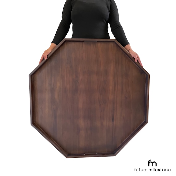 Extra Large Octagonal Ottoman Tray, Farmhouse Wooden Serving Tray Wooden Handles