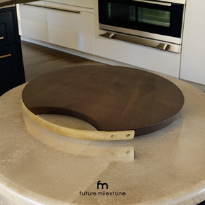 Round Cutting Board with Brass Handle, Wood Serving Board, Paddle Board, Serving Platter, Teak Wood Chopping Bread Board, Exotic Board Wood
