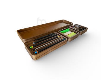 Handcrafted Teak Wood Desk Organizer Set: Minimalist Office Storage