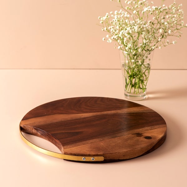 Round Cutting Board with Brass Handle, Wood Serving Board, Paddle Board, Serving Platter, Teak Wood Chopping Bread Board, Exotic Board Wood