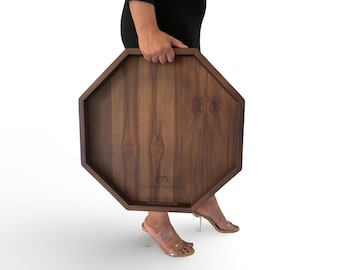 Otomana octogonal de madera estilo granja con bandeja para desayuno, taburete de madera hecho a mano con acabado en nogal, ideal para servir y guardar objetos. Regalo de boda moderno para parejas.