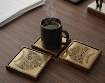 Wood & Brass Coasters, Set of Solid Wood Brass Inlay etched fish design Coasters Modern Coffee Table Decor