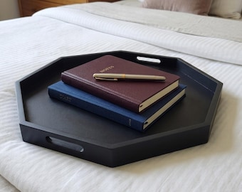 Large Black Teak Ottoman Tray, Farmhouse Octagonal Serving Tray, Wooden Tray for Coffee Table, Kitchen or Home Decor