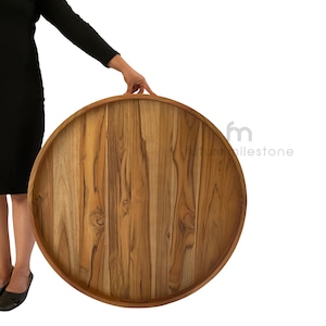 Round Wood Tray / Teak Wood Ottoman Tray / Circle Coffee Table + Ottoman Tray / Oversized Circle Teak wood  Tray - No Stain- Farmhouse Tray