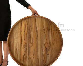 Rundes Holztablett / Teakholz Ottomanes Tablett / Kreis Couchtisch + Ottomanes Tablett / Kreisförmiges Teakholztablett in Übergröße