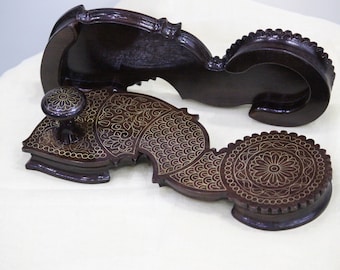 Antique Rosewood Paduka, Brass Inlay Wooden Sandals, Indian Religious Decor