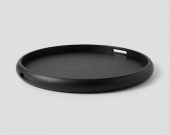 Round Black Tray with Handles, Solid Wood Circle for Coffee Table or Ottoman, Curve Frame Tray