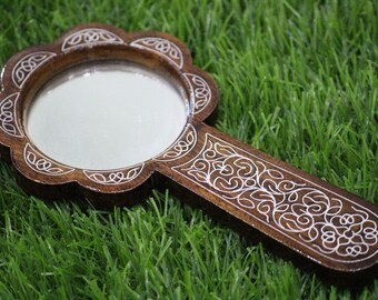 Handmade Rosewood Hand Mirror, Silver Inlay, Antique Vanity Mirror