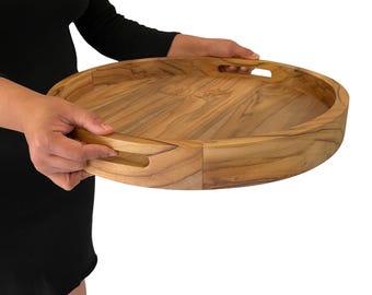 Round Teak Wood Ottoman Tray – Farmhouse Coffee Table Tray Bespoke Ottoman Coffee Table Tray – Over Pouffe Footstool Sofa Serving Tray