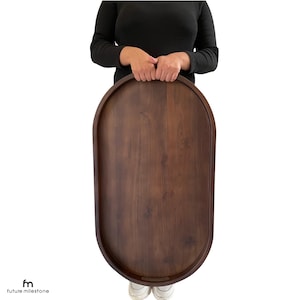 Centerpiece serving tray, wooden ottoman table tray, kitchen storage and organization, gift for her, charcuterie board with hole handles