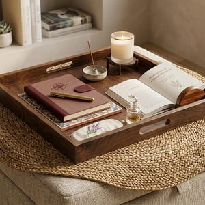 Könnte beinhalten: Ein Holztablett mit Notizbuch, Stift, Kerze, Räucherstäbchen und Buch. Das Tablett steht auf einer gewebten Matte, mit einer Sukkulente und Büchern im Hintergrund. Das Notizbuch ist bordeauxfarben mit Kompassdesign.