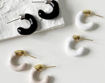 18k gold plated geometric copper earring black white grey enamel hoop earrings minimalist jewelry