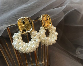 Cluster Pearl Textured Gold Earrings Round Circle Geometric Earrings for Women Vintage Earrings