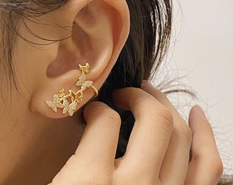 Butterfly Earrings Cubic Zirconia Geometric Earrings for Women Romantic Earrings Studs - Gold Asymmetric - Cute Gift Jewellery - Cuff