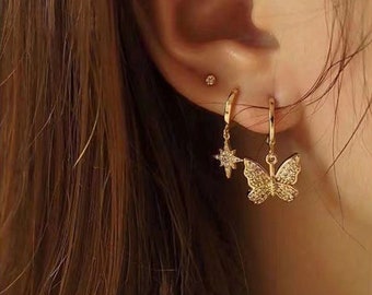 Cubic Zirconia Diamond Gold Butterfly Earrings CZ Stone Geometric Earrings for Women - Minimalist Small Hoop - Gift