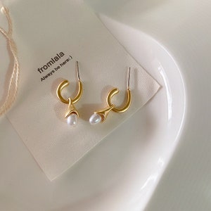 Matte Gold Plated Natural Freshwater Pearl Earrings Waterdrop Geometric Earrings for Women Small Hoop