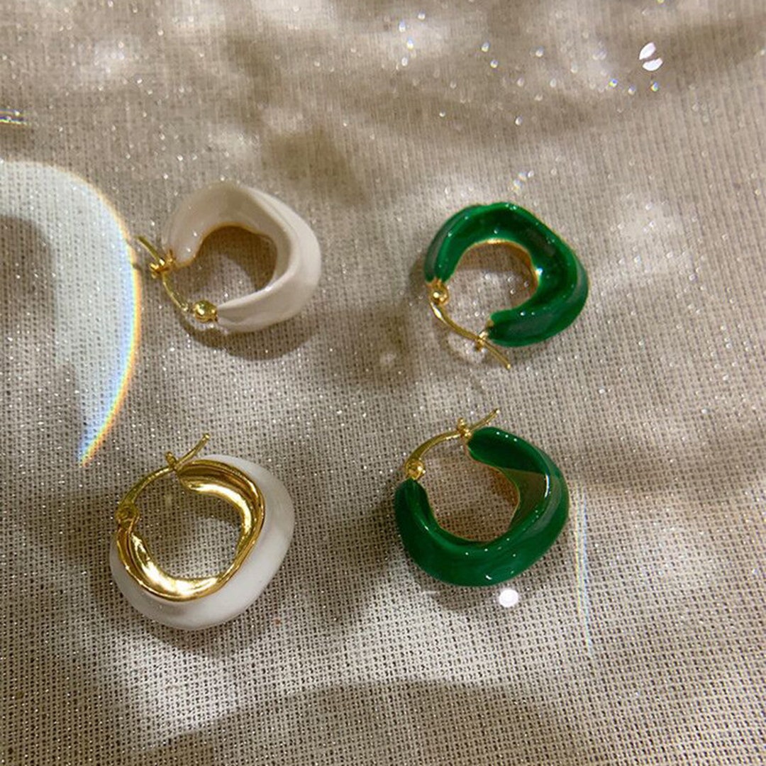 18 Carat Gold Plated Earrings Green White Hoops Gift - Etsy UK