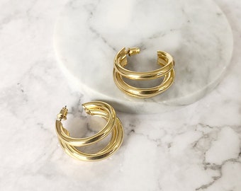 Gold Multi Row Hoop Earrings for Women Simple Three Circle Hoop Earrings Bohemia Geometric Round Earrings
