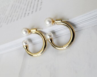 18 Carat Real Gold Plated Gold Hoops with Pearl Accents - Dainty Earrings for Women