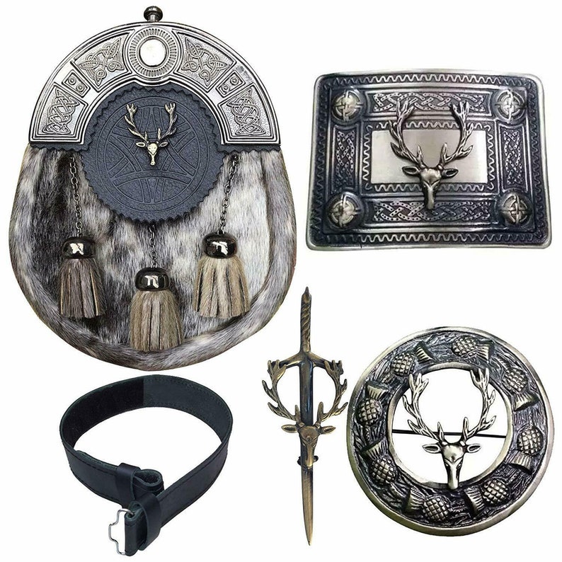 Scottish Handmade Men Kilt Antique Sporran Badge Style Stag Head Scottish Handmade Men Kilt Antique Sporran Badge Style Stag Head