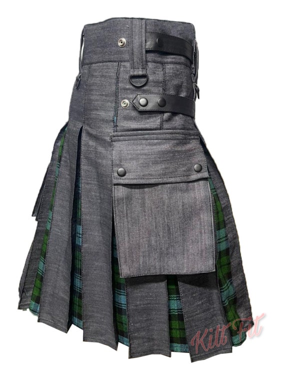 Men's Scottish Black Jeans Denim Hybrid Kilt Utility Fashion Kilt Style/  Kilt Inner Pleats in Various 40 Tartans 