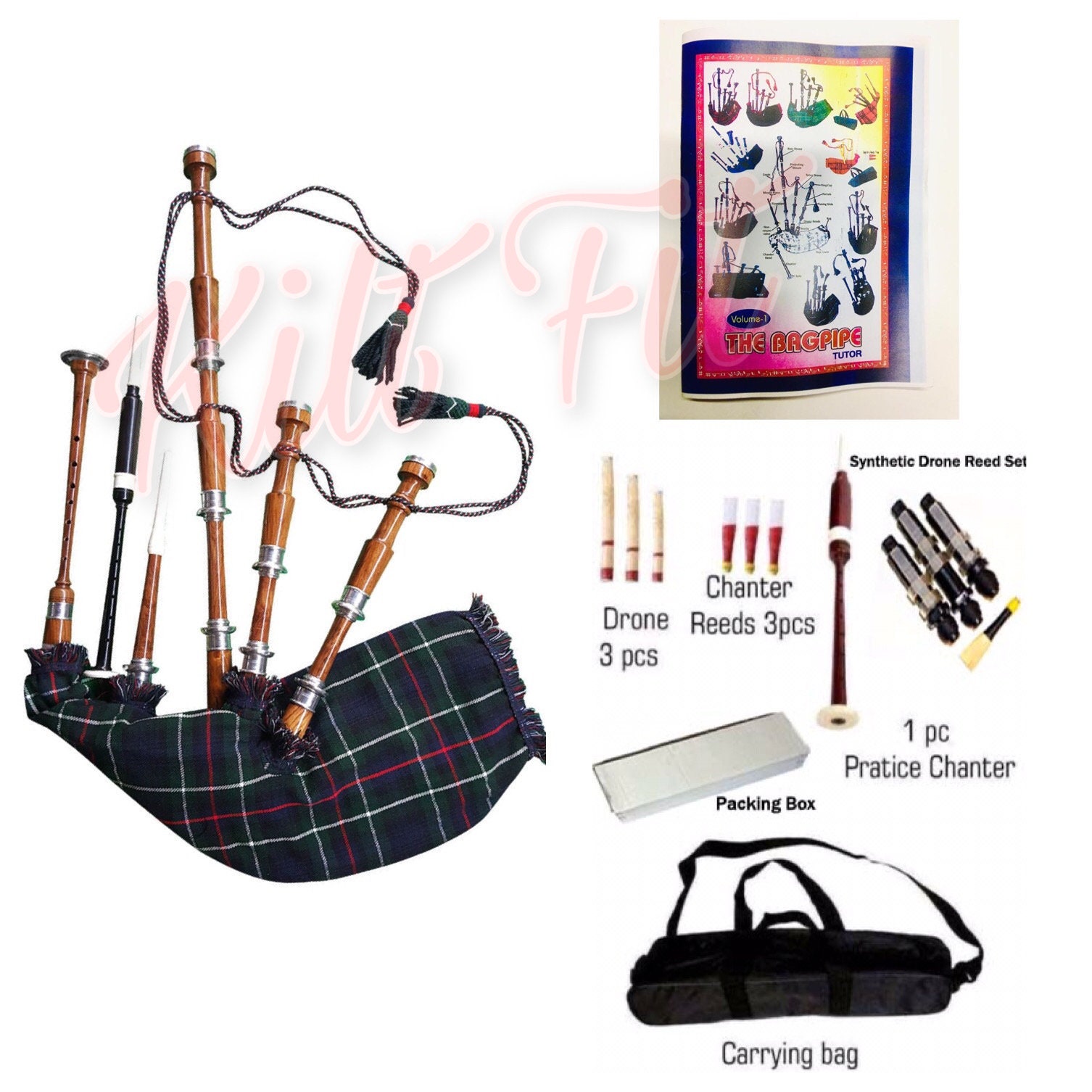 Scottish Great Highland Bagpipe Rosewood Natural Silver Mounts with Hard Case & Tutor Book