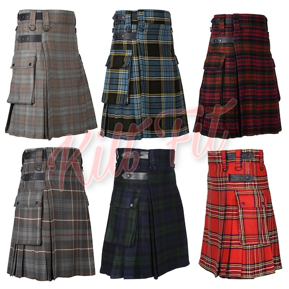 Men's Scottish Black Jeans Denim Hybrid Kilt Utility Fashion Kilt Style/  Kilt Inner Pleats in Various 40 Tartans 