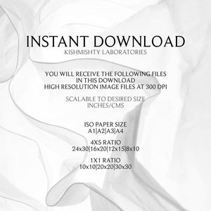 May include: Text overlay on a white background with a wavy pattern. The text reads "INSTANT DOWNLOAD", "KISHMISHTY LABORATORIES", "YOU WILL RECEIVE THE FOLLOWING FILES IN THIS DOWNLOAD", "HIGH RESOLUTION IMAGE FILES AT 300 DPI", "SCALABLE TO DESIRED SIZE INCHES/CMS", "ISO PAPER SIZE A1 A2 A3 A4", "4X5 RATIO 24x30 16x20 12x15 8x10", "1X1 RATIO 10x10 20x20 30x30".