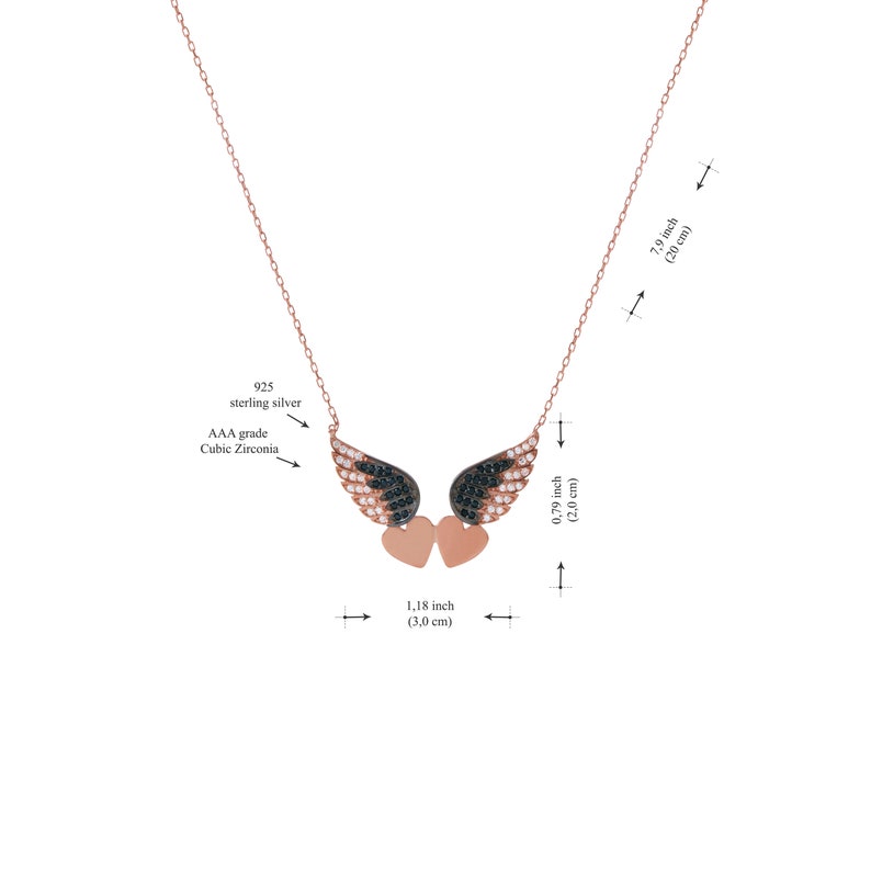 Gold Hearts with Embellished Black and White Wings Necklace Sterling Silver AAA Grade CZ Diamonds Womens Necklace Jewelry