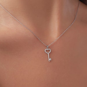 Silver Key with Heart Necklace Sterling Silver AAA Grade CZ Diamonds Womens Necklace Jewelry Silver Chain