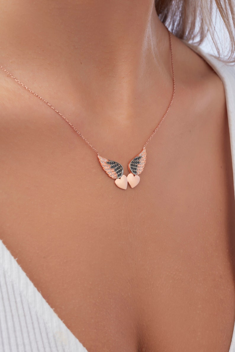Gold Hearts with Embellished Black and White Wings Necklace Sterling Silver AAA Grade CZ Diamonds Womens Necklace Jewelry