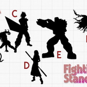 May include: Black silhouette images of characters in various fighting stances. The image includes a lion-like creature, a woman with flowing hair, a character with a large sword, a character with a staff, a large muscular figure, and a character with a cape. Text reads "Set A" and "Fighting Stances".