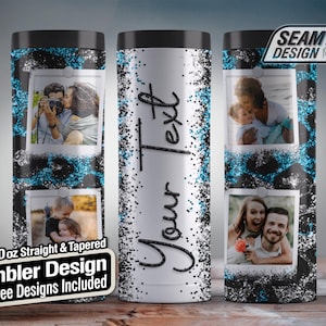 Teal Glitter Photo Frame Tumbler Wrap, 20oz Skinny Tumbler, Tumbler personalizzato, Tumbler Polaroid, Tumbler Silver Blue
