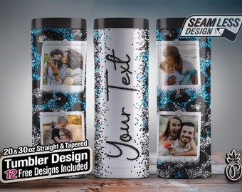 Teal Glitter Photo Frame Tumbler Wrap, 20oz Skinny Tumbler, Personalized tumbler, Polaroid tumbler, Silver Blue tumbler wrap