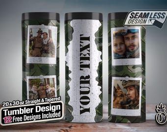 Camo Photo Frame Tumbler, 20oz Skinny Tumbler, Personalized tumbler, Polaroid tumbler, custom frame tumbler, Army tumbler, Soldiers Tumbler