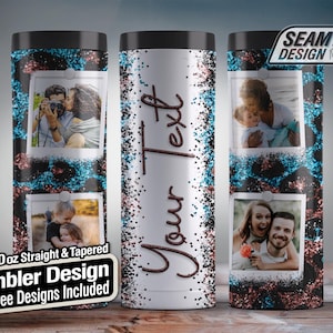 Involucro per bicchiere con cornice per foto con glitter bronzo, bicchiere skinny da 20 once, bicchiere personalizzato, bicchiere Polaroid, bicchiere con cornice personalizzata