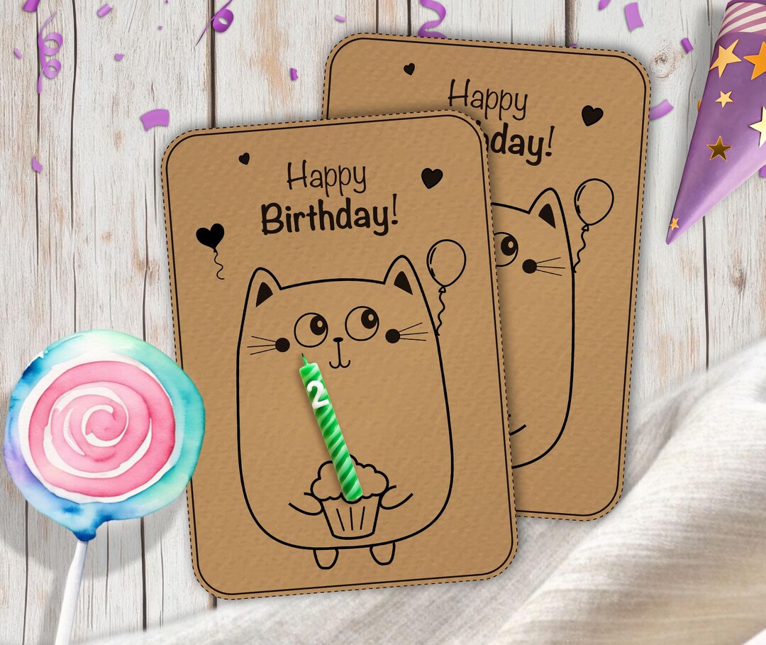 White Cat Birthday Card Template, Printable Candle Greeting (a4/letter ...