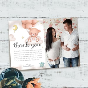 Editable Teddy Bear Baby Shower Thank You Card, Teddy Bear thank you card, Neutral Gender baby shower, Photo holder thank you card, 0135