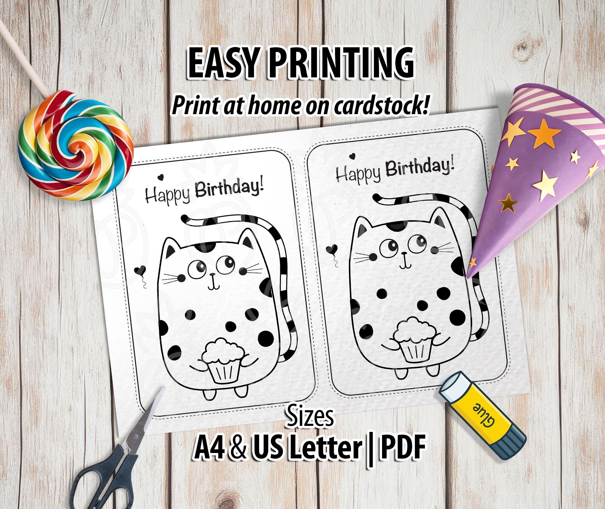 Cat Birthday Card Template, Printable DIY Greeting (PDF Download) - Etsy UK