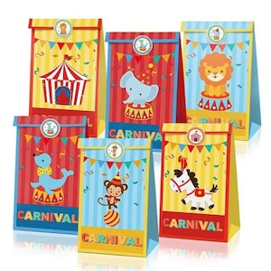 12 Carnival Circus Party Treat Bags and 18 Stickers, Circus Animal Theme Birthday Decorations,Gift Bags, Candy Bags, Party Favors Bags
