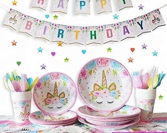 Unicorn Tableware Set, Pastel Rainbow Birthday Decor, Plates, Cups, Napkins, Banner, Tablecloth