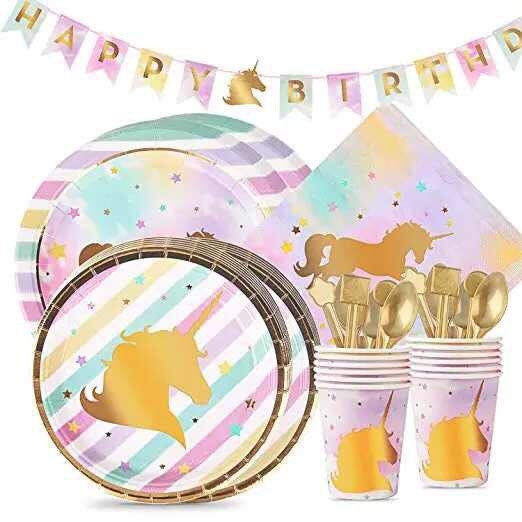 6 Guests Gold Magical Unicorn Tableware SetUnicorn Birthday DecorationsUnicorn Plates Napkins TableclothRainbow Pastel Party
