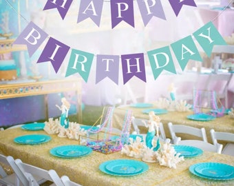 DIY Mermaid Birthday Banner, Mermaid Birthday Decoration, Mermaid Under The Sea Birthday Bunting Banner,Teal And Purple Bunting Banner