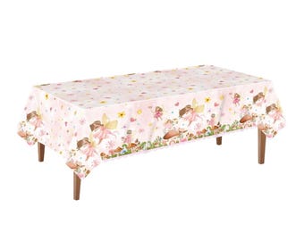 Fairy Garden Party Tablecloth, Pink Fairy Girls Birthday Table Cover, Whimsical Fairy Baby Shower