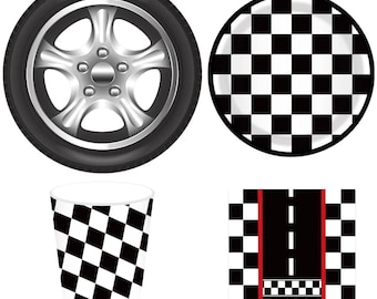 Race Car Party Supplies Set: Tire Plates, Checkered Flag Cups & Napkins
