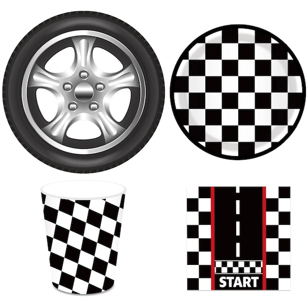 Race Car Party Supplies Set: Tire Plates, Checkered Flag Cups & Napkins